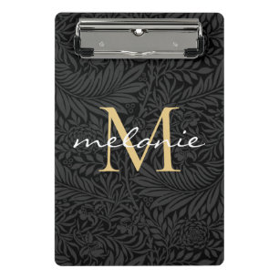 Elegantes Black Gold Floral Script Monogram Mini Klemmbrett