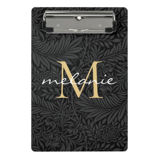 Elegantes Black Gold Floral Script Monogram Mini Klemmbrett (Vorderseite)
