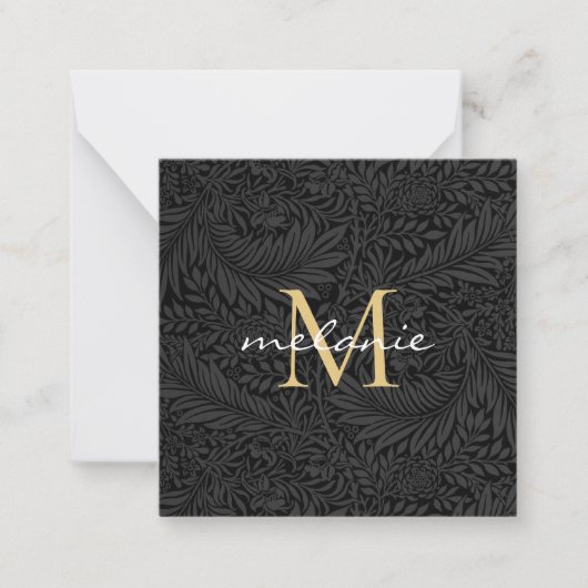 Elegantes Black Gold Floral Script Monogram Mitteilungskarte (Vorderseite)