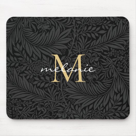 Elegantes Black Gold Floral Script Monogram Mousepad (Vorne)