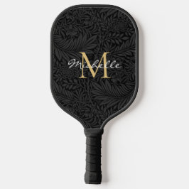 Elegantes Black Gold Floral Script Monogram Pickleball Schläger