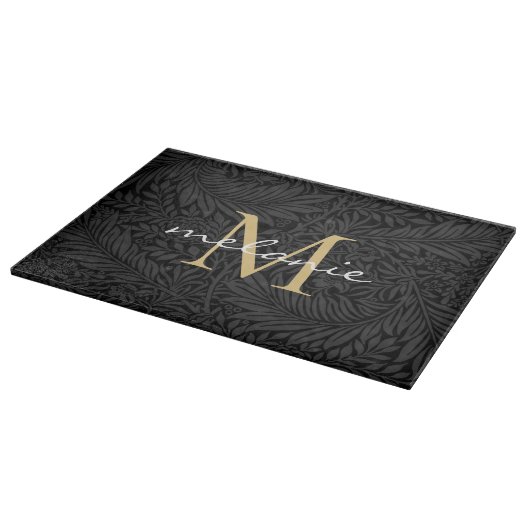 Elegantes Black Gold Floral Script Monogram Schneidebrett (Ecke)