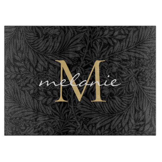 Elegantes Black Gold Floral Script Monogram Schneidebrett (Vorderseite)