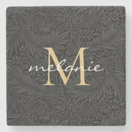 Elegantes Black Gold Floral Script Monogram Steinuntersetzer