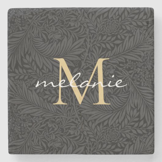 Elegantes Black Gold Floral Script Monogram Steinuntersetzer (Vorderseite)