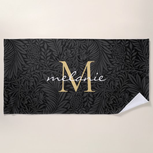 Elegantes Black Gold Floral Script Monogram Strandtuch (Vorderseite)