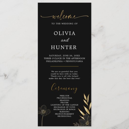 Elegantes Black & Gold Floral Wedding Party Progra Programm (Vorderseite)