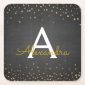 Elegantes Black - Gold Foil Confetti Monogramm Rechteckiger Pappuntersetzer (Vorderseite)