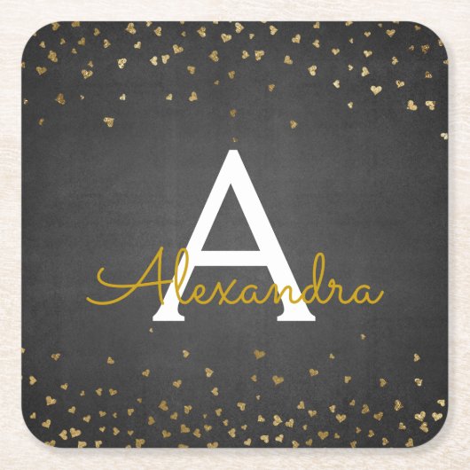 Elegantes Black - Gold Foil Confetti Monogramm Rechteckiger Pappuntersetzer (Vorderseite)
