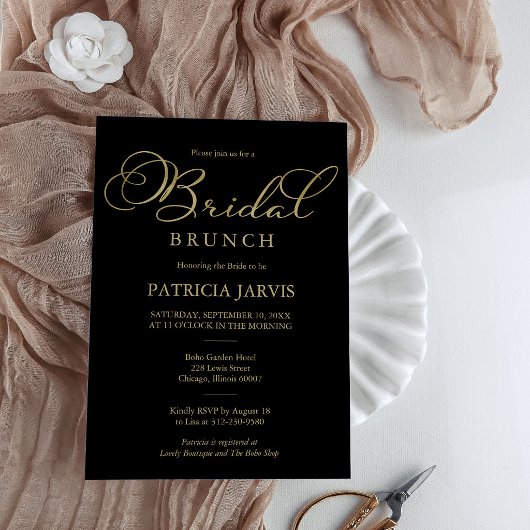 Elegantes Black Gold Foil Script Bridal Brunch Einladung