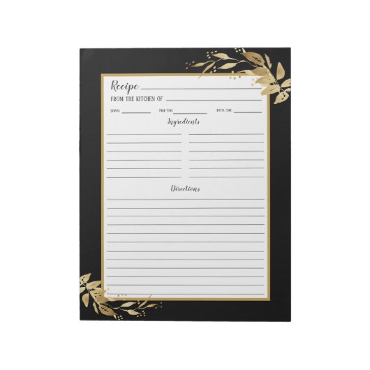 Elegantes Black Gold Foliage Recipe Notepad Notizblock (Rotiert)
