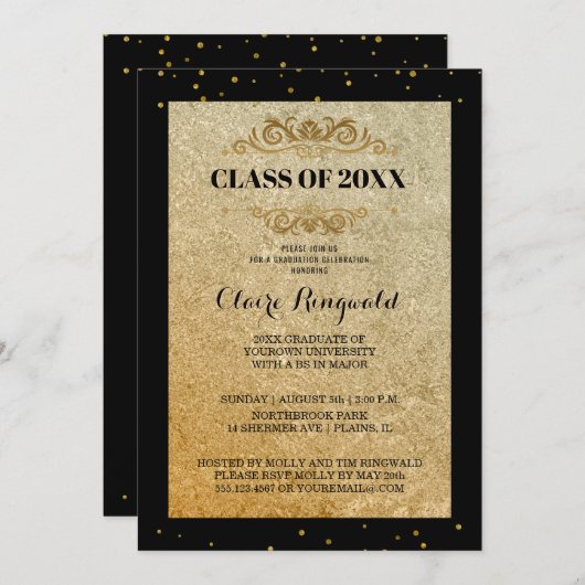 Elegantes Black Gold Formal Uni-Abschluß Party Einladung (Vorne/Hinten)