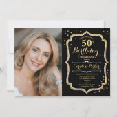 Elegantes Black Gold Foto 50. Geburtstag Einladung (Vorderseite)