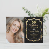 Elegantes Black Gold Foto 50. Geburtstag Einladung (Stehend Vorderseite)