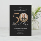 Elegantes Black Gold Foto 50. Geburtstag Einladung (Stehend Vorderseite)