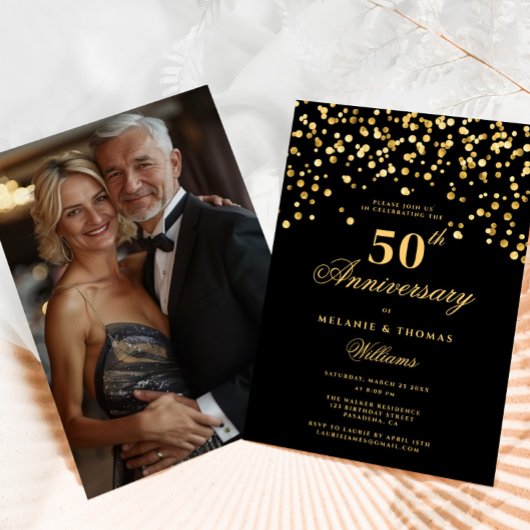 Elegantes Black Gold Foto 50. Hochzeitstag Einladung