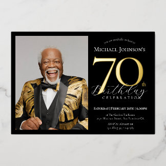 Elegantes Black Gold Foto 70. Geburtstag Folieneinladung