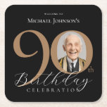 Elegantes Black Gold Foto 90. Geburtstagsparty Rechteckiger Pappuntersetzer<br><div class="desc">Eleganter Black Gold Foto 90. Geburtstag Party Square Paper Untersetzer. Feiern Sie Ihren Geburtstag mit unserem Black and Gold Simple Elegant Design, das sich perfekt eignet, um Ihren besonderen Tag mit einer Touch an Eleganz zu bereichern. Dieses individuell gestaltbare Design zeichnet sich durch einen schwarzen Hintergrund mit eleganten goldenen Akzenten...</div>
