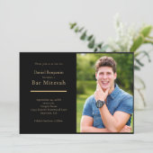 Elegantes Black Gold Foto Bar Mitzvah Einladung (Stehend Vorderseite)