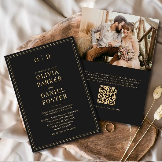Elegantes Black Gold Foto QR Code Hochzeit Einladung