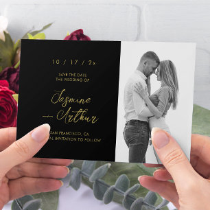 Elegantes Black & Gold Foto Save the Date Einladung