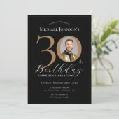 Elegantes Black Gold Foto Überraschung 30. Geburts Einladung (Stehend Vorderseite)