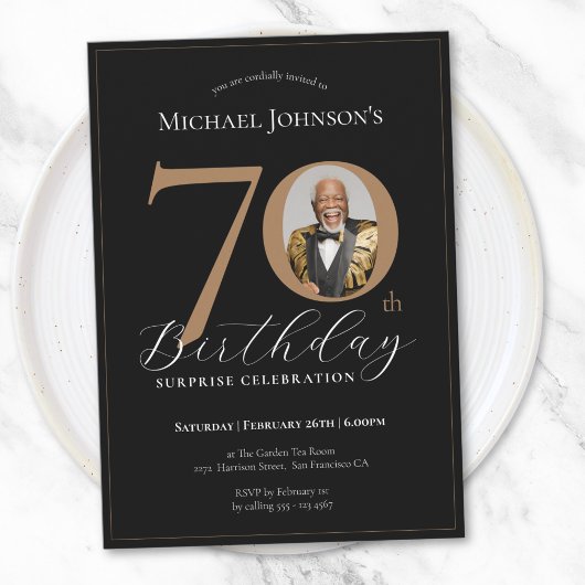 Elegantes Black Gold Foto Überraschung 70. Geburts Einladung