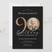 Elegantes Black Gold Foto Überraschung 90. Geburts Einladung (Vorderseite)