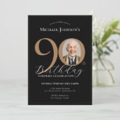 Elegantes Black Gold Foto Überraschung 90. Geburts Einladung (Stehend Vorderseite)