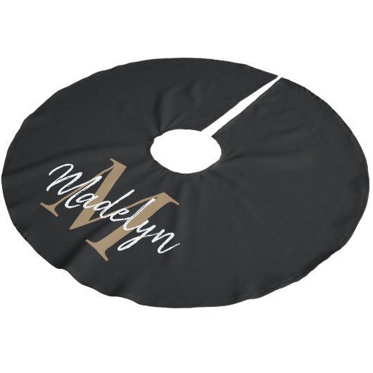 Elegantes Black Gold Girly Monogramm Elegantes Skr Polyester Weihnachtsbaumdecke (Schrägansicht)