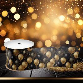 Elegantes Black Gold Glitzer Balloons Muster A021 Satinband
