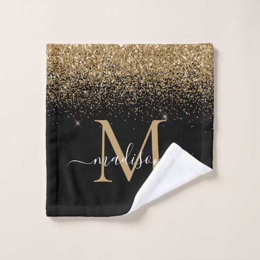 Elegantes Black Gold Glitzer Border Monogram Scrip Badhandtuch Set (Waschlappen)