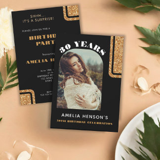 Elegantes Black Gold Glitzer Foto 30. Geburtstag Einladung