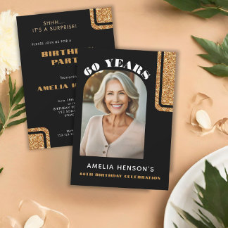 Elegantes Black Gold Glitzer Foto 60. Geburtstag Einladung