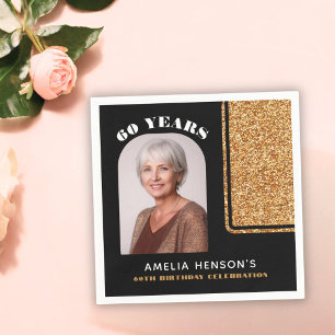 Elegantes Black Gold Glitzer Foto 60. Geburtstag Serviette