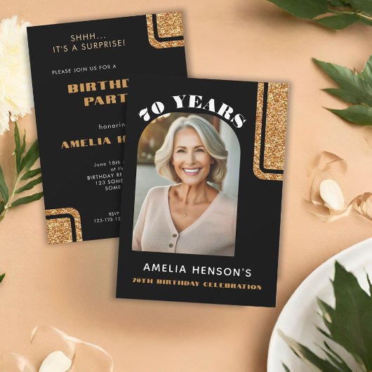 Elegantes Black Gold Glitzer Foto 70. Geburtstag Einladung