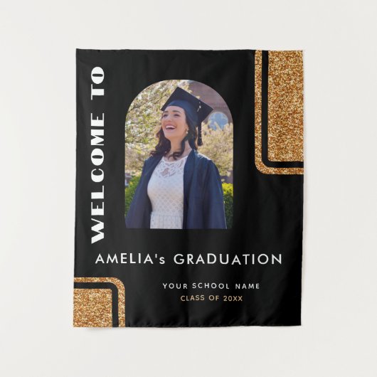 Elegantes Black Gold Glitzer Graduate Foto Willkom Wandteppich (Vorderseite)