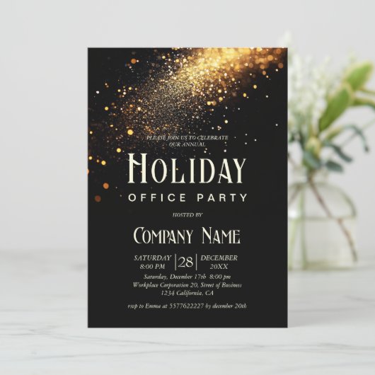 Elegantes Black Gold Glitzer Holiday Office Party Einladung (Stehend Vorderseite)
