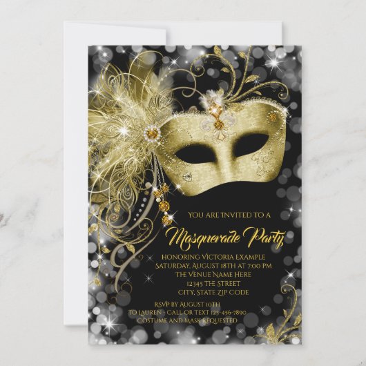 Elegantes Black Gold Glitzer Masquerade Party Einladung (Vorderseite)