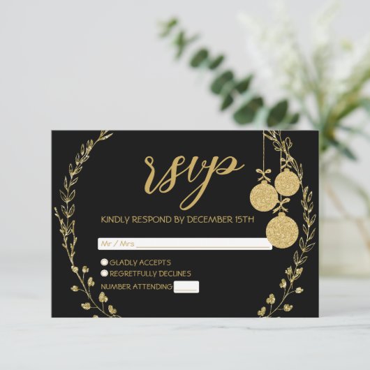 Elegantes Black Gold Glitzer Wreath Party RSVP Karte (Stehend Vorderseite)