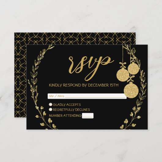 Elegantes Black Gold Glitzer Wreath Party RSVP Karte (Vorne/Hinten)