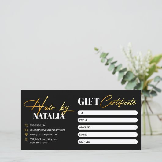 Elegantes Black Gold Hair Salon Geschenkgutschein (Stehend Vorderseite)