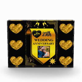 Elegantes Black Gold Heart 25. Hochzeitstag Fotoblock