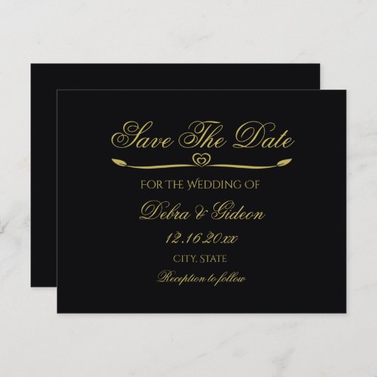 Elegantes Black Gold Heart Geblüht Save the Date (Vorne/Hinten)