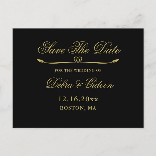 Elegantes Black Gold Heart Wedding Save the Date Ankündigungspostkarte (Vorderseite)