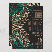 Elegantes Black Gold Holly Berry Blätter Einladung (Vorne/Hinten)