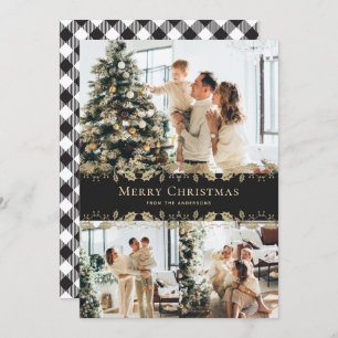 Elegantes Black Gold Holly Kariertes Foto Weihnach Feiertagskarte