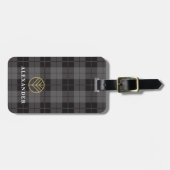 Elegantes Black Gold Kariert Tartan Monogram Gepäckanhänger (Vorderseite horizontal)