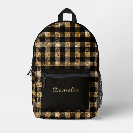 Elegantes Black & Gold Kariertes Tartan mit Indivi Bedruckter Rucksack (Vorderseite)