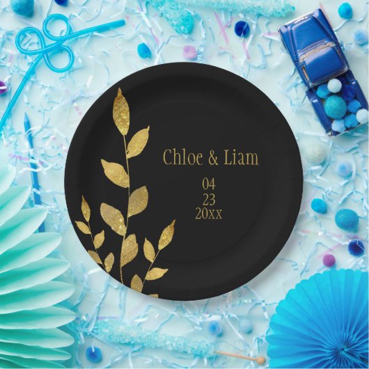 Elegantes Black Gold Leaf Moderne schicke Hochzeit Pappteller (Party)